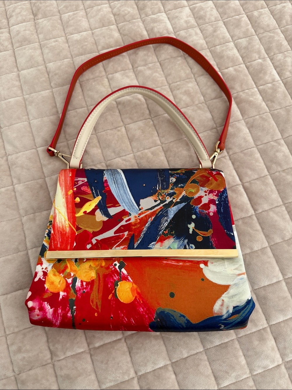 Carolina Herrera Multicolor Abstract Paint-Printed satin handbag